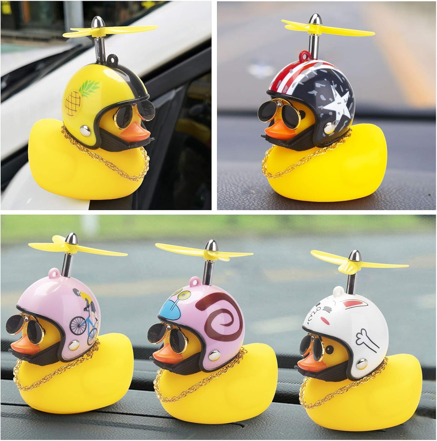 Rubber Duck Car Ornaments Yellow Duck Car Dashboard Decorations Cool Glasses Duck with Propeller Helmet (American Flag-Yellow)