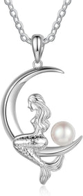 Pearl Mermaid Pendant Necklace for Women,Moon Pendant Mermaid Necklace with Pearl,Silver Jewelry Gifts for Mom,Daughter,Mermaid Moon Necklace Birthday Gifts for Women,Mermaid Necklace