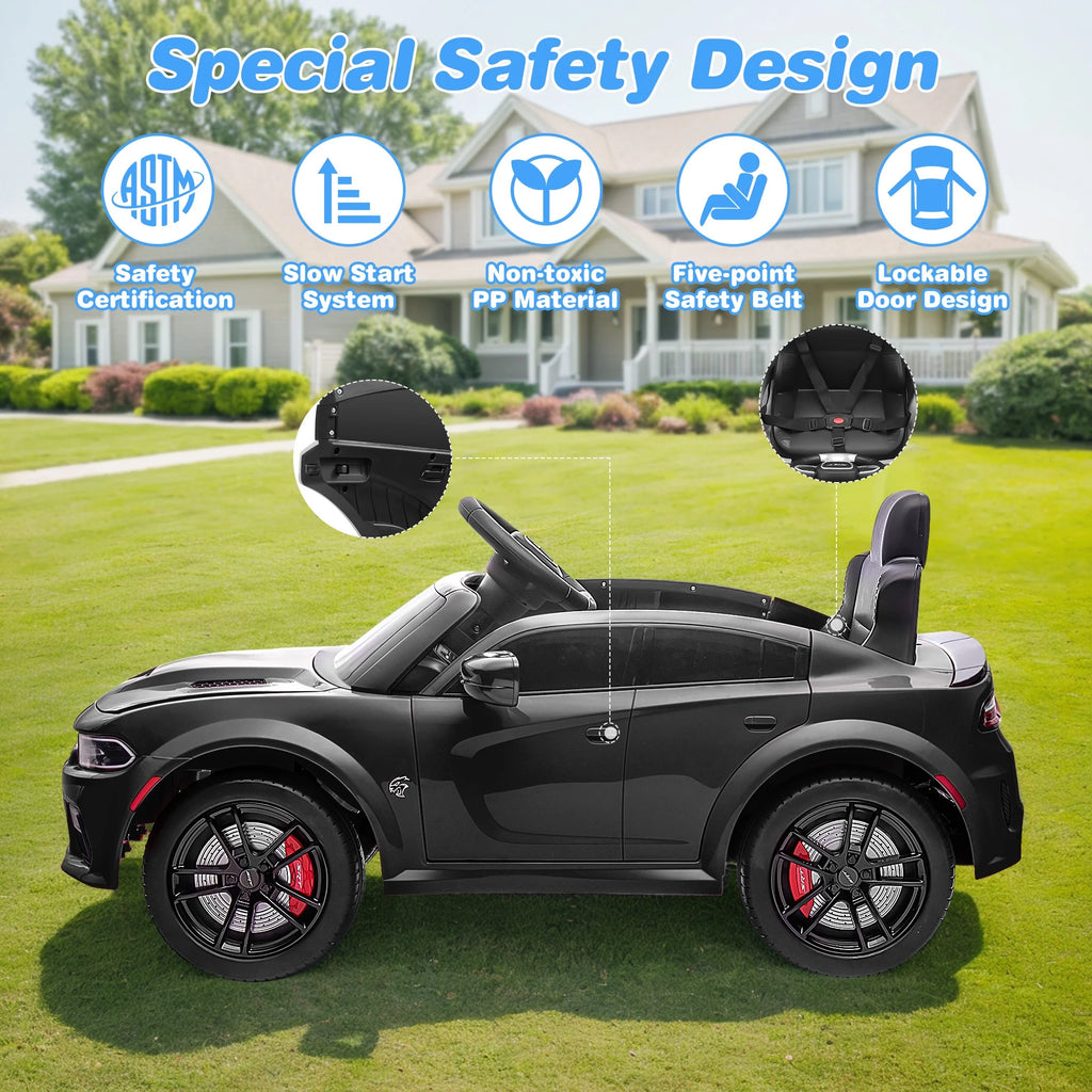 Dodge Electric Ride on Cars for Kids, 12V Licensed Dodge Charger Srt Hellcat Powered Ride on Toy with Parent Remote Control, Electric Car for Boy 3-5 W/Music Player/Led Light/Safety Belt, Black