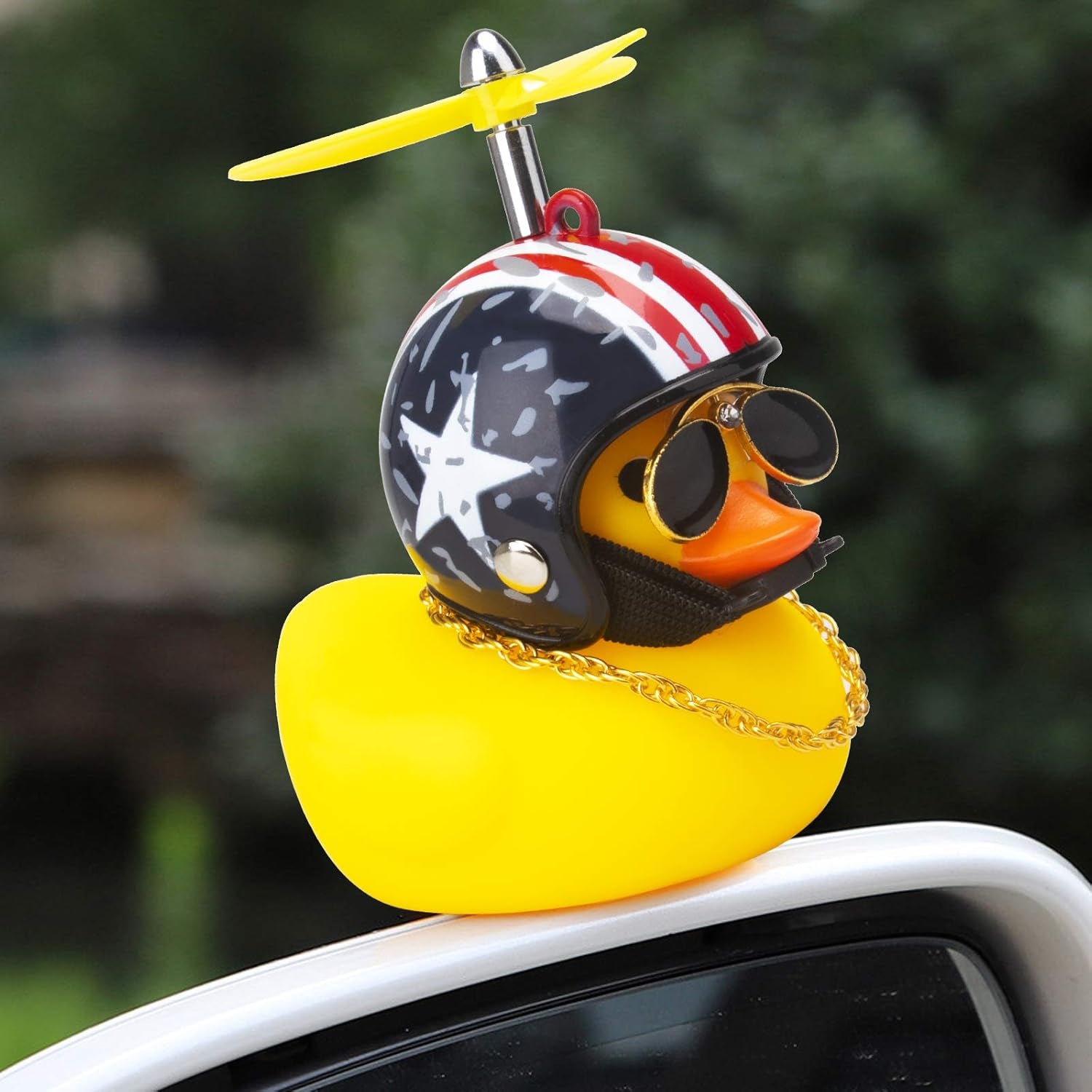 Rubber Duck Car Ornaments Yellow Duck Car Dashboard Decorations Cool Glasses Duck with Propeller Helmet (American Flag-Yellow)