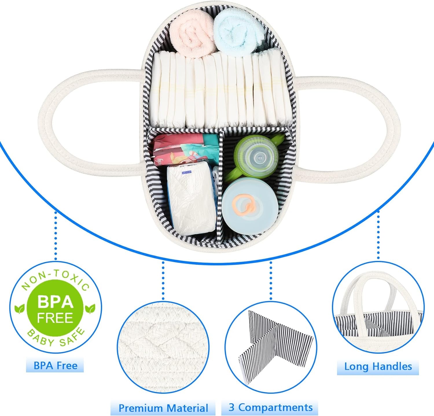 Baby Diaper Caddy, Nursery Storage Bin and Car Organizer for Diapers and Baby Wipes, Cotton Rope Diaper Basket Caddy, Changing Table Diaper Storage Caddy