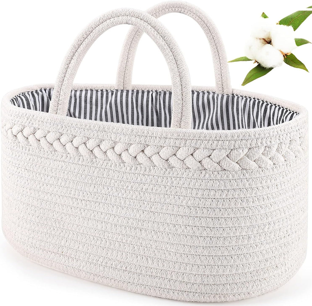 Baby Diaper Caddy, Nursery Storage Bin and Car Organizer for Diapers and Baby Wipes, Cotton Rope Diaper Basket Caddy, Changing Table Diaper Storage Caddy