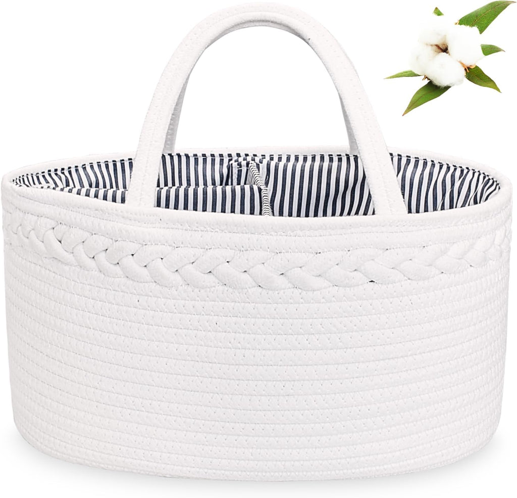 Baby Diaper Caddy, Nursery Storage Bin and Car Organizer for Diapers and Baby Wipes, Cotton Rope Diaper Basket Caddy, Changing Table Diaper Storage Caddy
