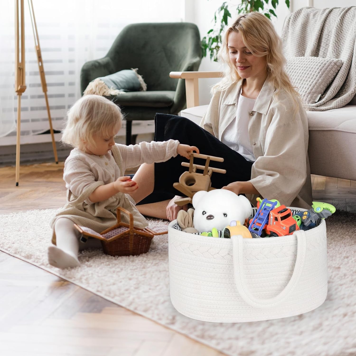 Baby Diaper Caddy, Nursery Storage Bin and Car Organizer for Diapers and Baby Wipes, Cotton Rope Diaper Basket Caddy, Changing Table Diaper Storage Caddy