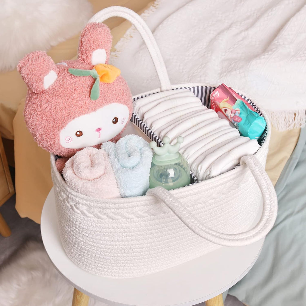 Baby Diaper Caddy, Nursery Storage Bin and Car Organizer for Diapers and Baby Wipes, Cotton Rope Diaper Basket Caddy, Changing Table Diaper Storage Caddy